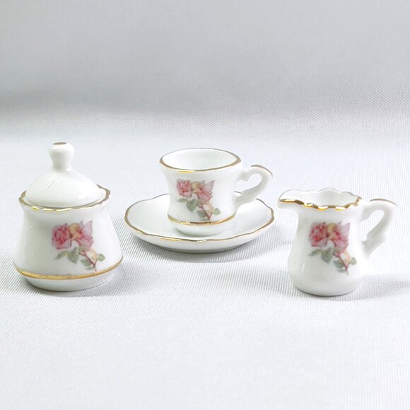 Vintage Miniature Porcelain Tea Set Teacup Sugar & Creamer Pink Floral 5 PCS - Picture 3 of 8